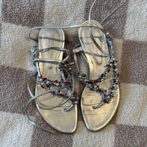 Sergio Rossi Silver Sandals with Red Beaded Accents
